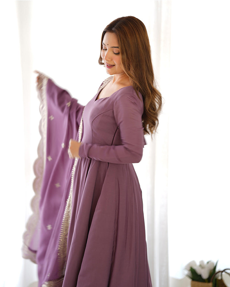 ONION COLOR PURE CHANDERI SILK THREE PIECE ANARKALI SUIT