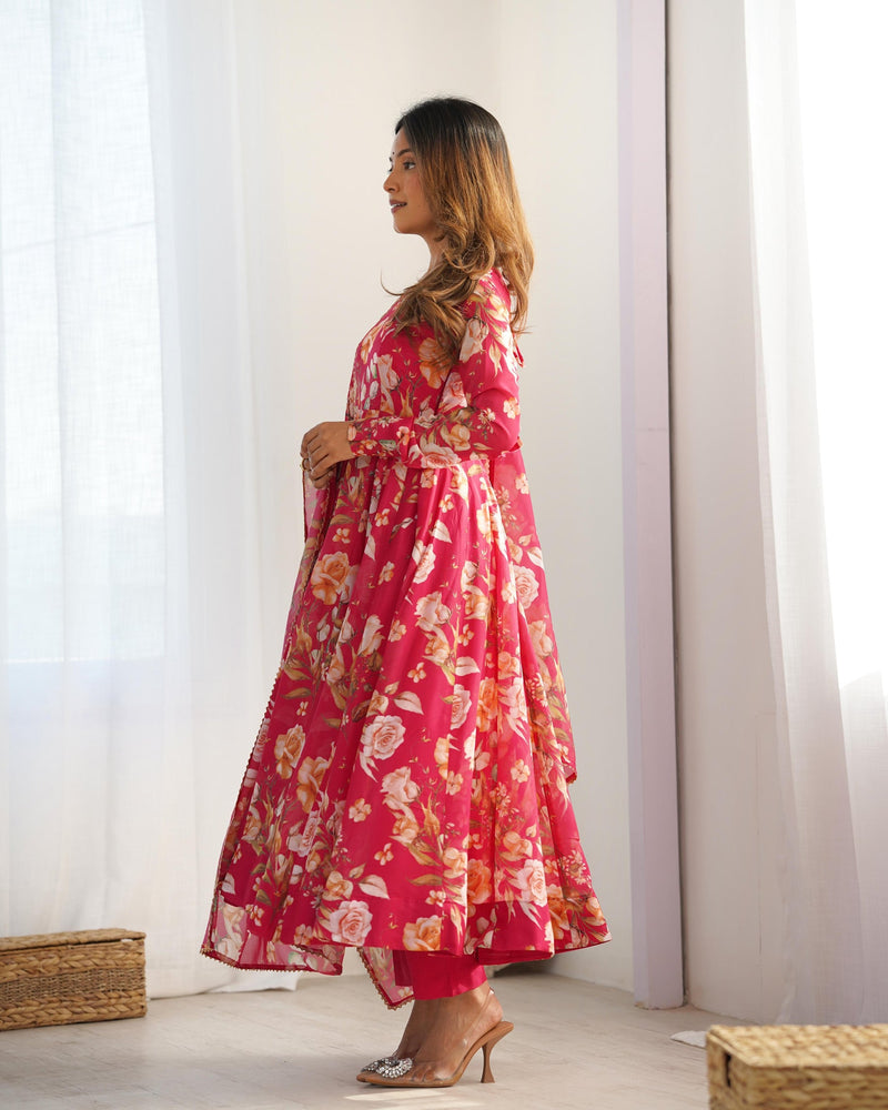 Rani pink color pure soft organza three piece anarkali suit