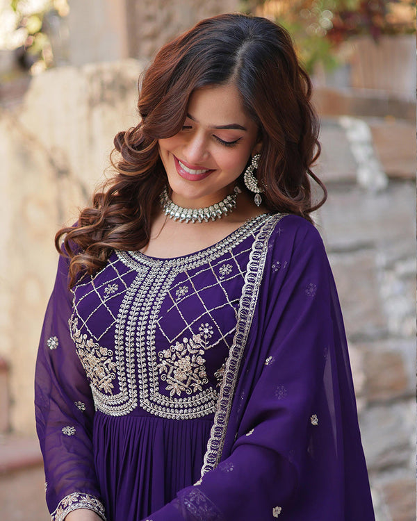 Purple color faux blooming embroidered gown with dupatta