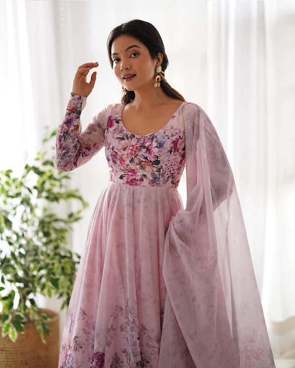 Baby Pink Color Floral Print Organza Three Piece Anarkali Suit