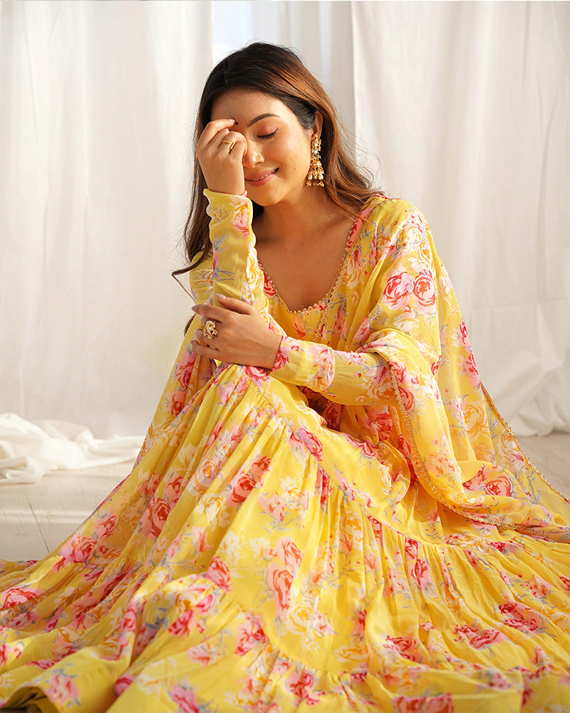 YELLOW COLOR GEORGETTE THREE LAYER RUFFLE STYLE ANARKALI SUIT