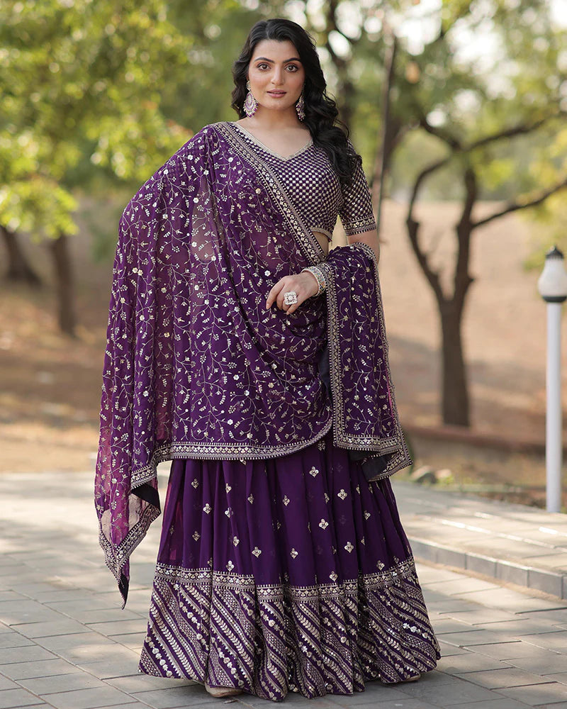 Wedding Wear Dark Purple Color Blooming Lehenga Choli