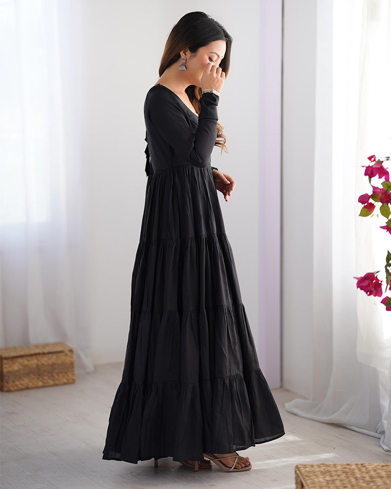 BLACK COLOR PURE ROMAN SILK RUFFLE STYLE ANARKALI SUIT
