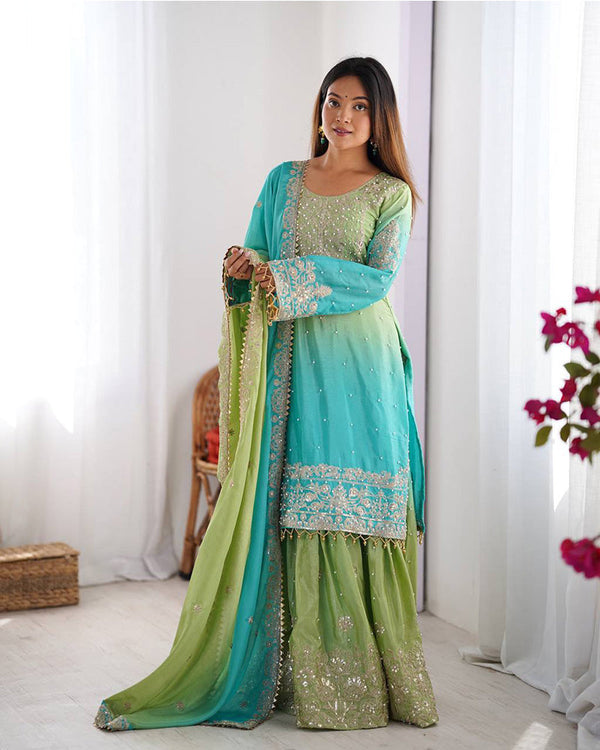 Pista green color chinnon sequence work plazzo suit