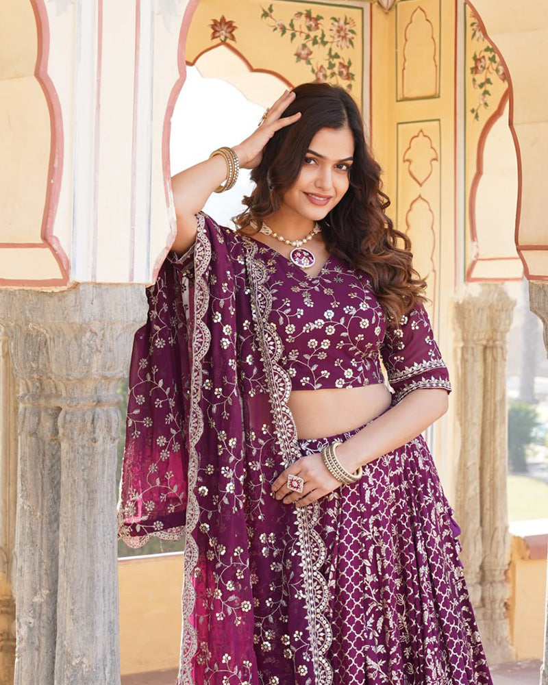 Design Wine Color Sequence Embroidered Jacquard Lehenga Choli