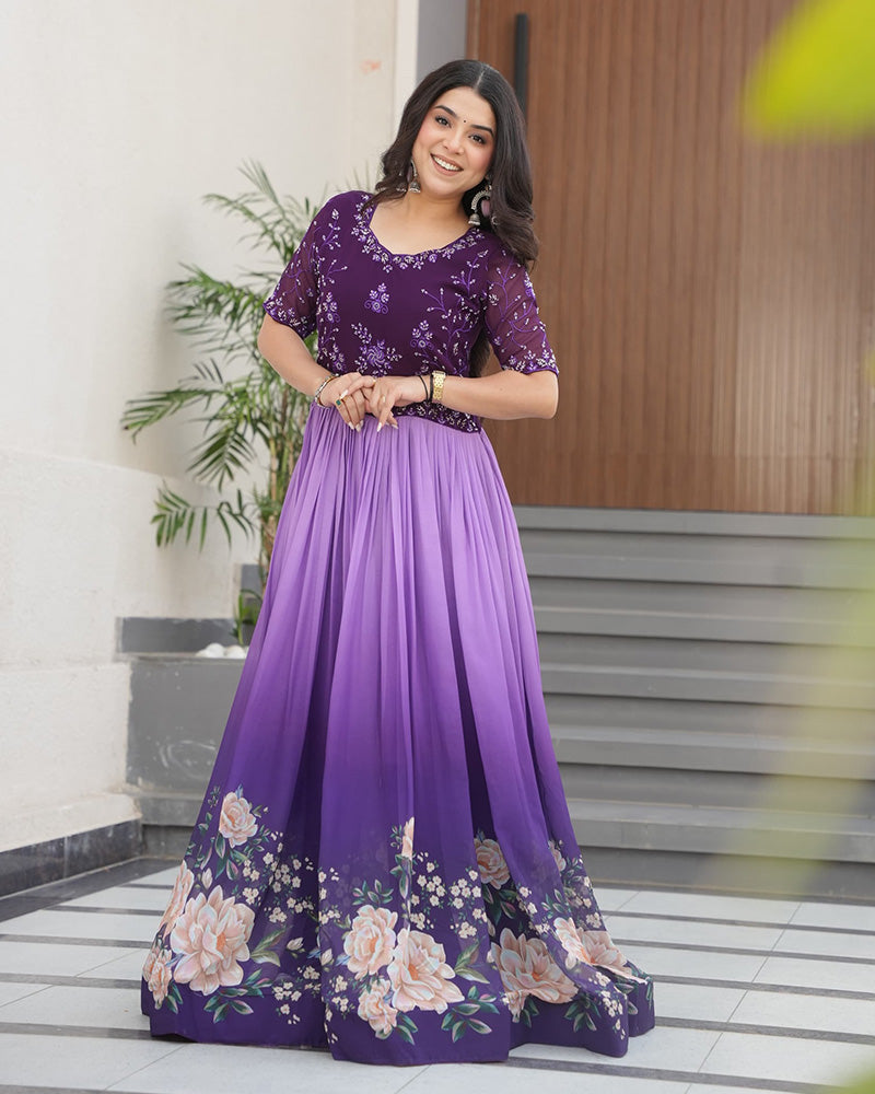 Purple color faux blooming embroidered work gown