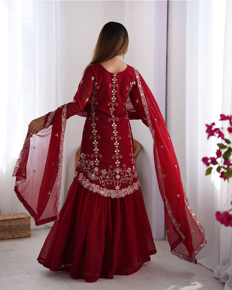 Maroon color faux georgette sharara suit