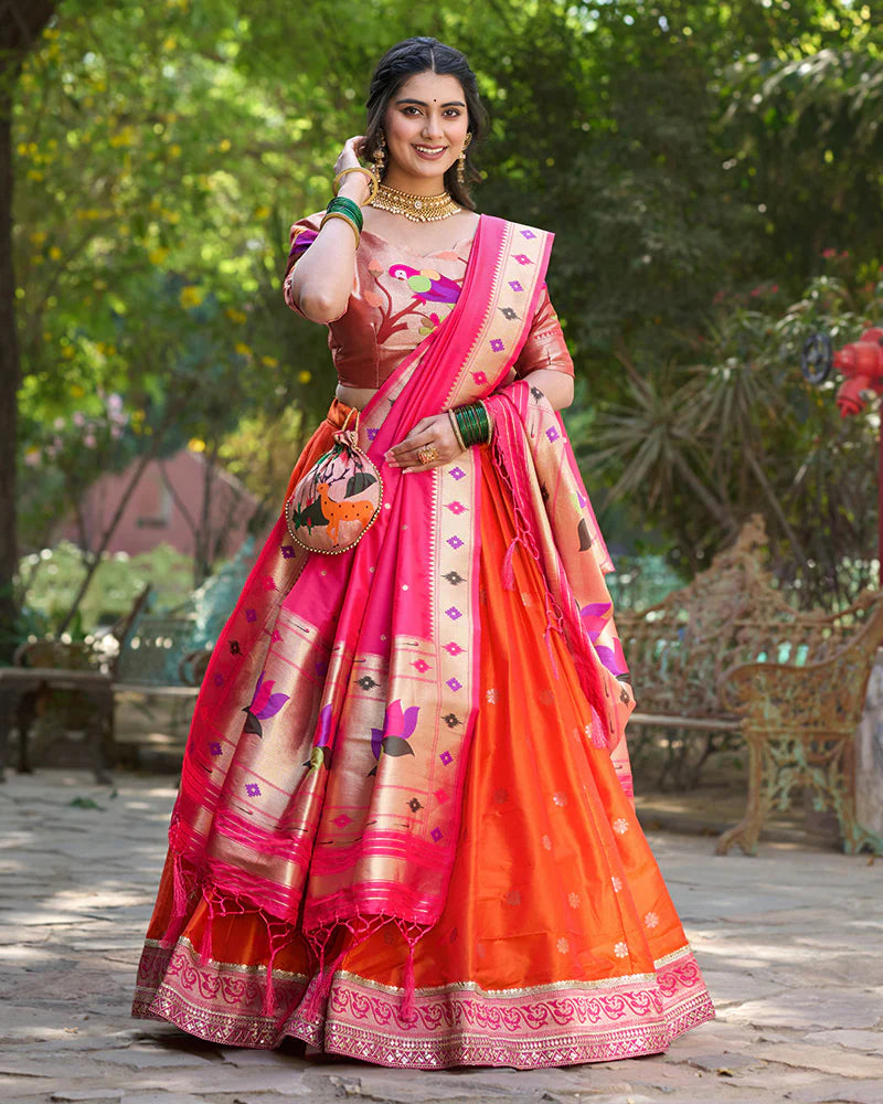 ORANGE COLOR JACQUARD SILK LEHENGA CHOLI