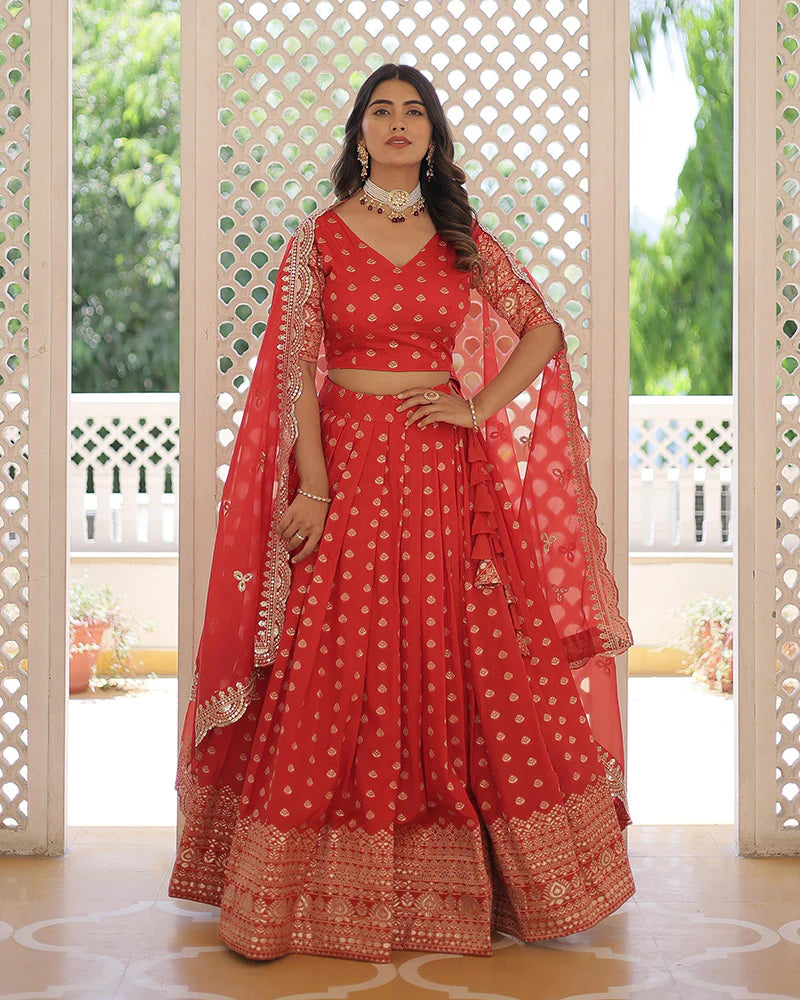 RED COLOR PURE DYABLE JACQUARD LEHENGA CHOLI