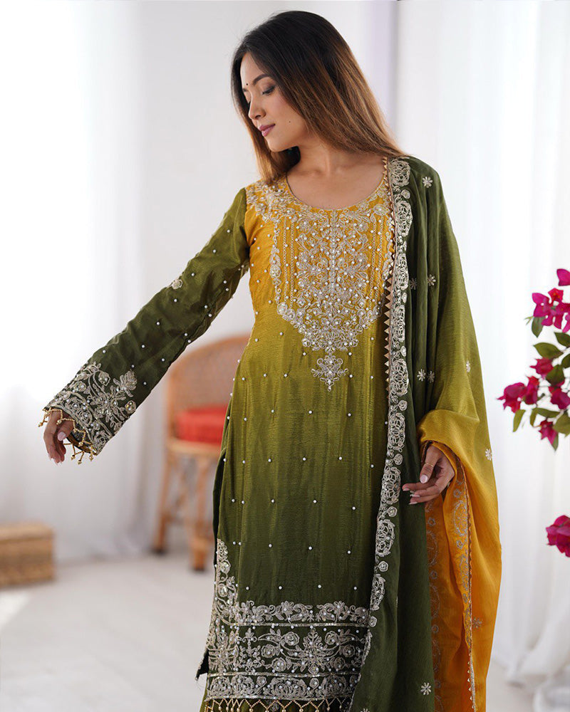 Mehndi color chinnon sequence work plazzo suit