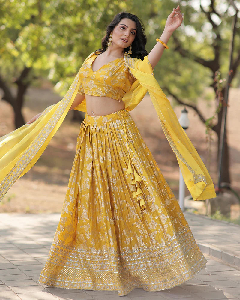 YELLOW COLOR PURE VISCOSE JACQUARD LEHENGA CHOLI