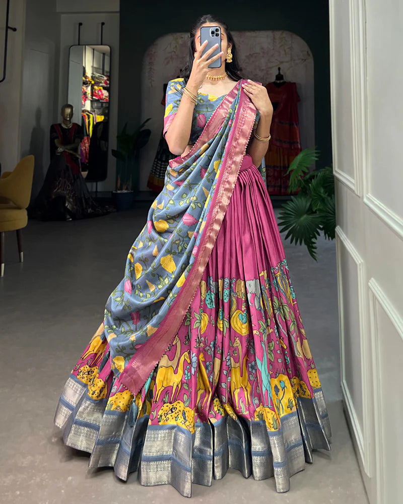 PINK COLOR DOLA SILK DESIGNER KALAMKARI PRINT LEHENGA CHOLI