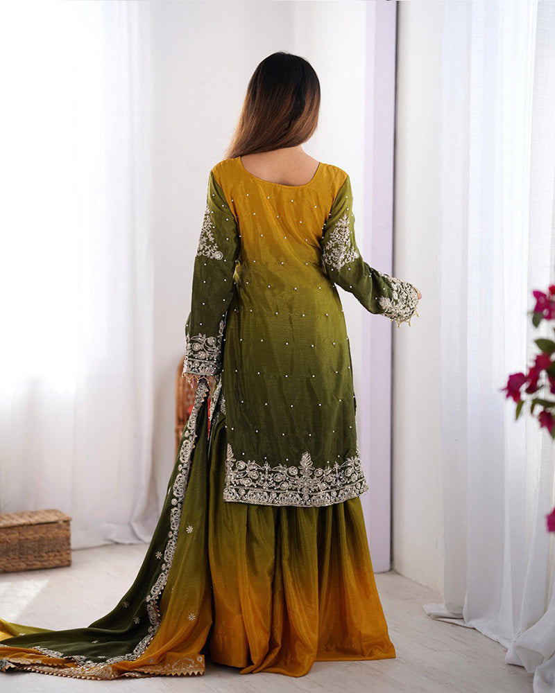 Mehndi color chinnon sequence work plazzo suit