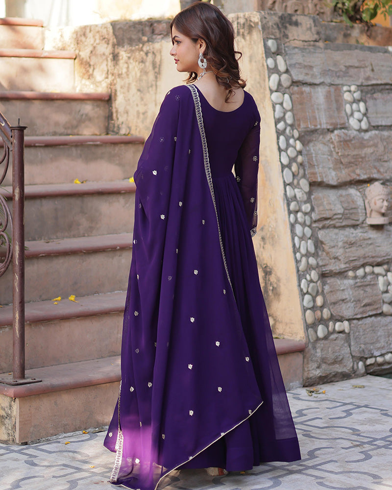 Purple color faux blooming embroidered gown with dupatta