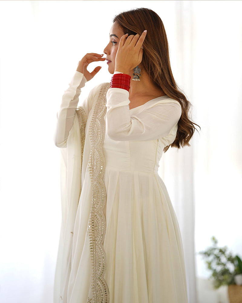 BEAUTIFUL WHITE COLOR PURE CHANDERI SILK THREE PIECE ANARKALI SUIT