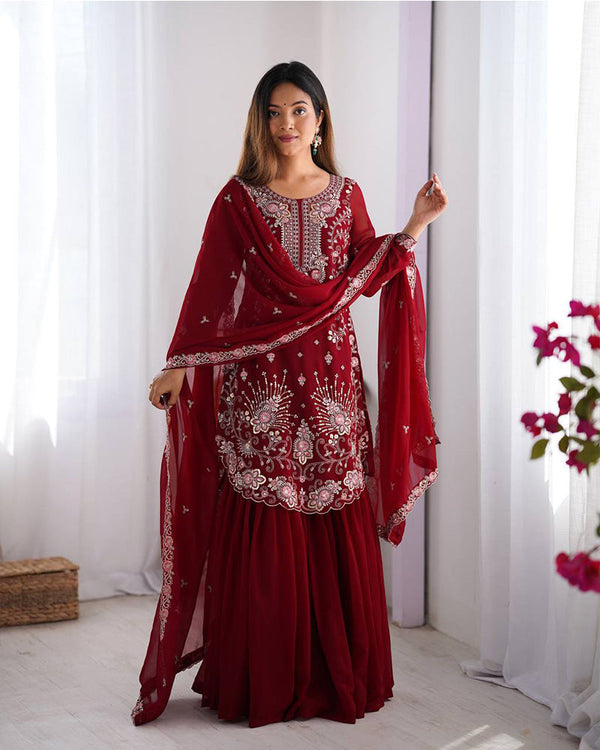 Maroon color faux georgette sharara suit
