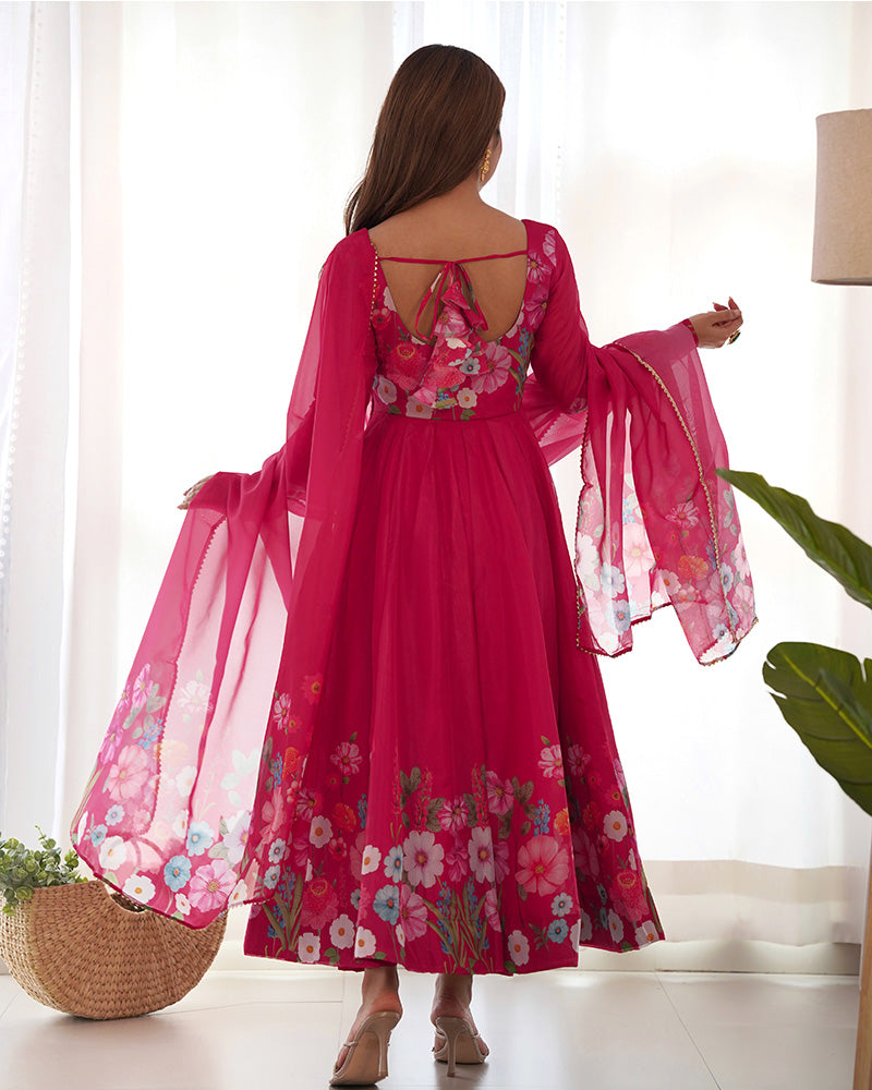 RANI PINK COLOR FLORAL PRINT ORGANZA THREE PIECE ANARKALI SUIT