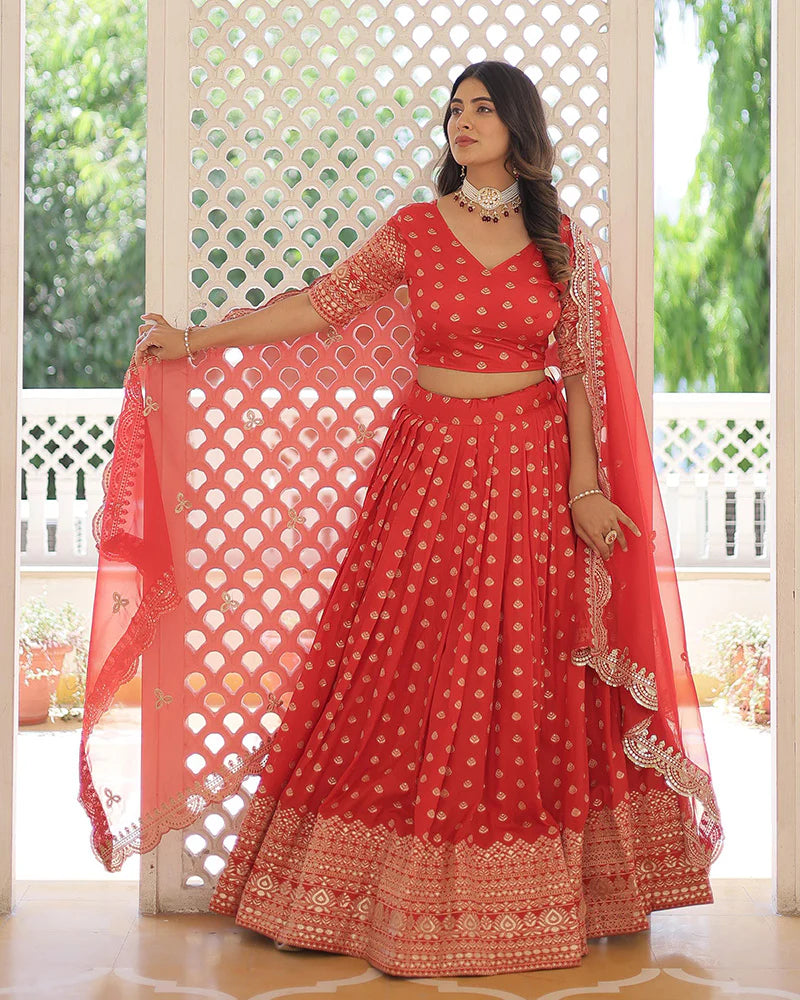 RED COLOR PURE DYABLE JACQUARD LEHENGA CHOLI