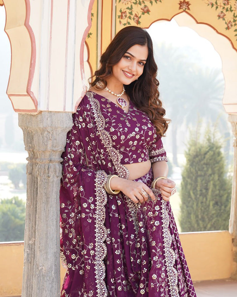 Design Wine Color Sequence Embroidered Jacquard Lehenga Choli