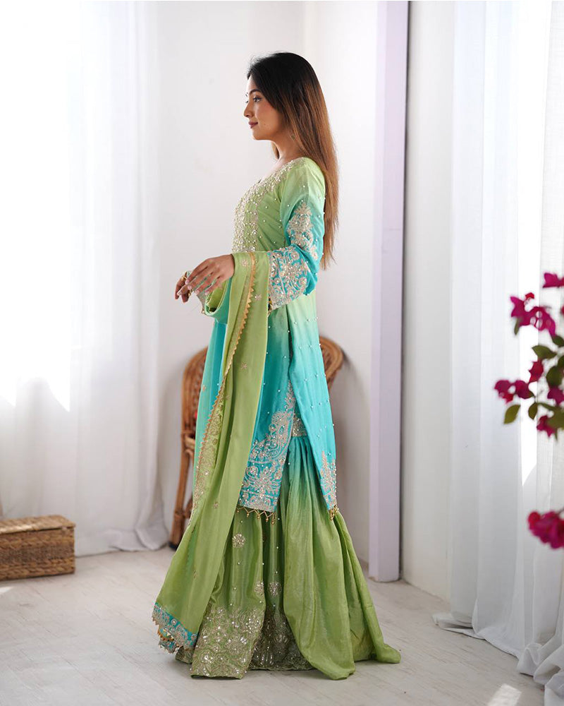 Pista green color chinnon sequence work plazzo suit