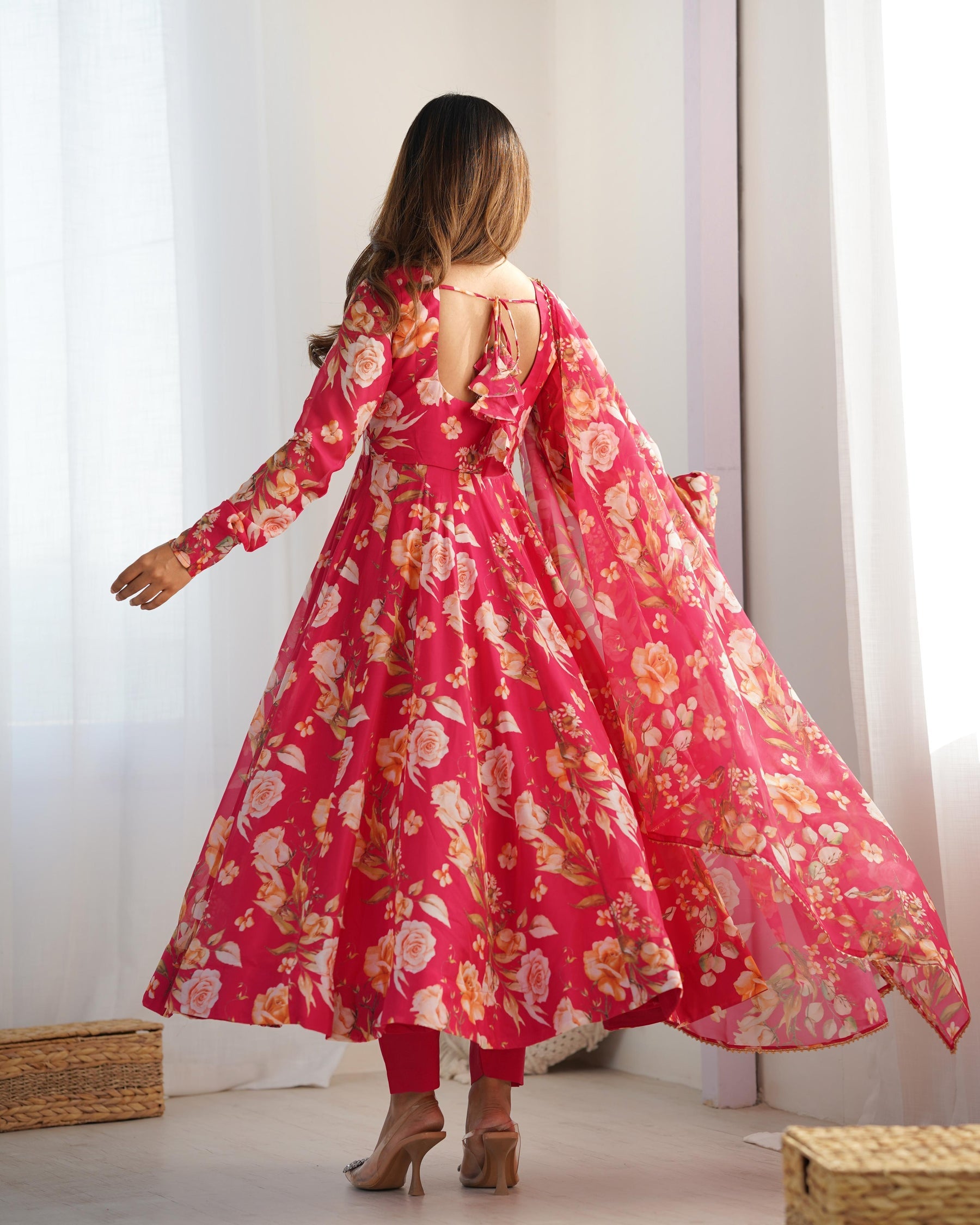 Rani pink color pure soft organza three piece anarkali suit