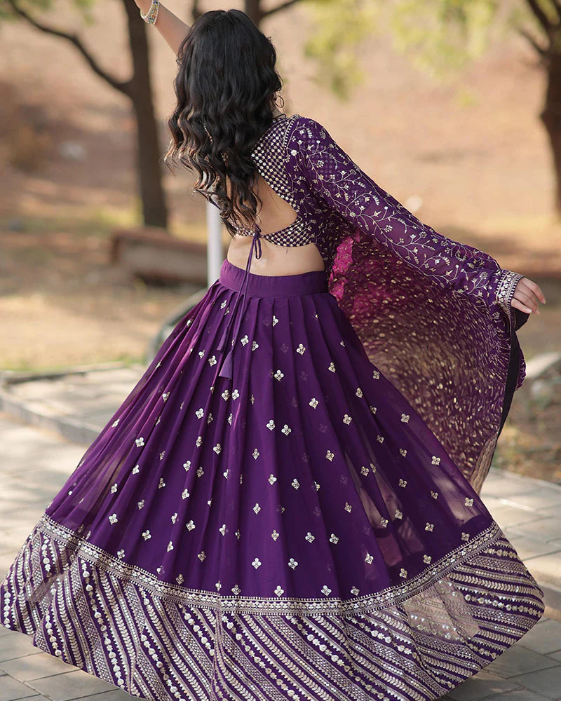 Wedding Wear Dark Purple Color Blooming Lehenga Choli