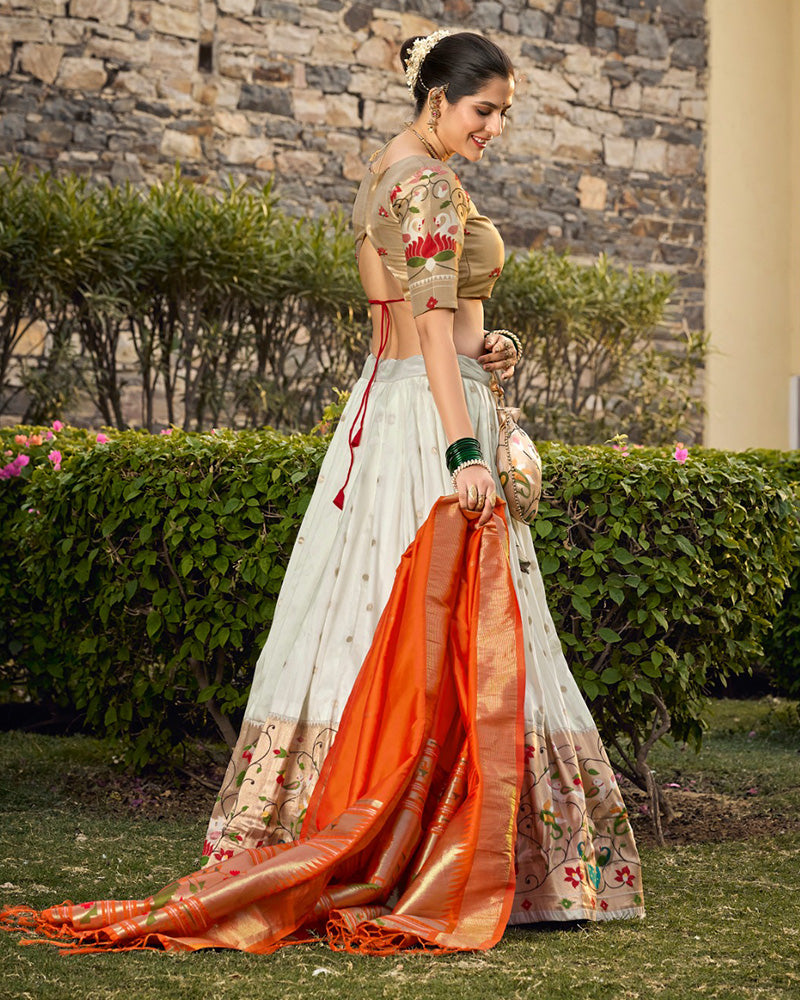 Designer White Color Jacquard Paithani Silk Lehenga Choli