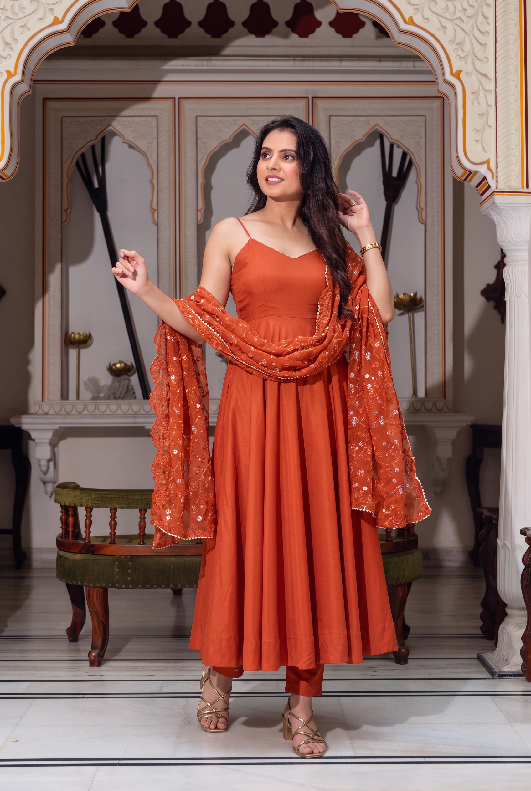 Rust Orange Anarkali Suit Set with Dupatta