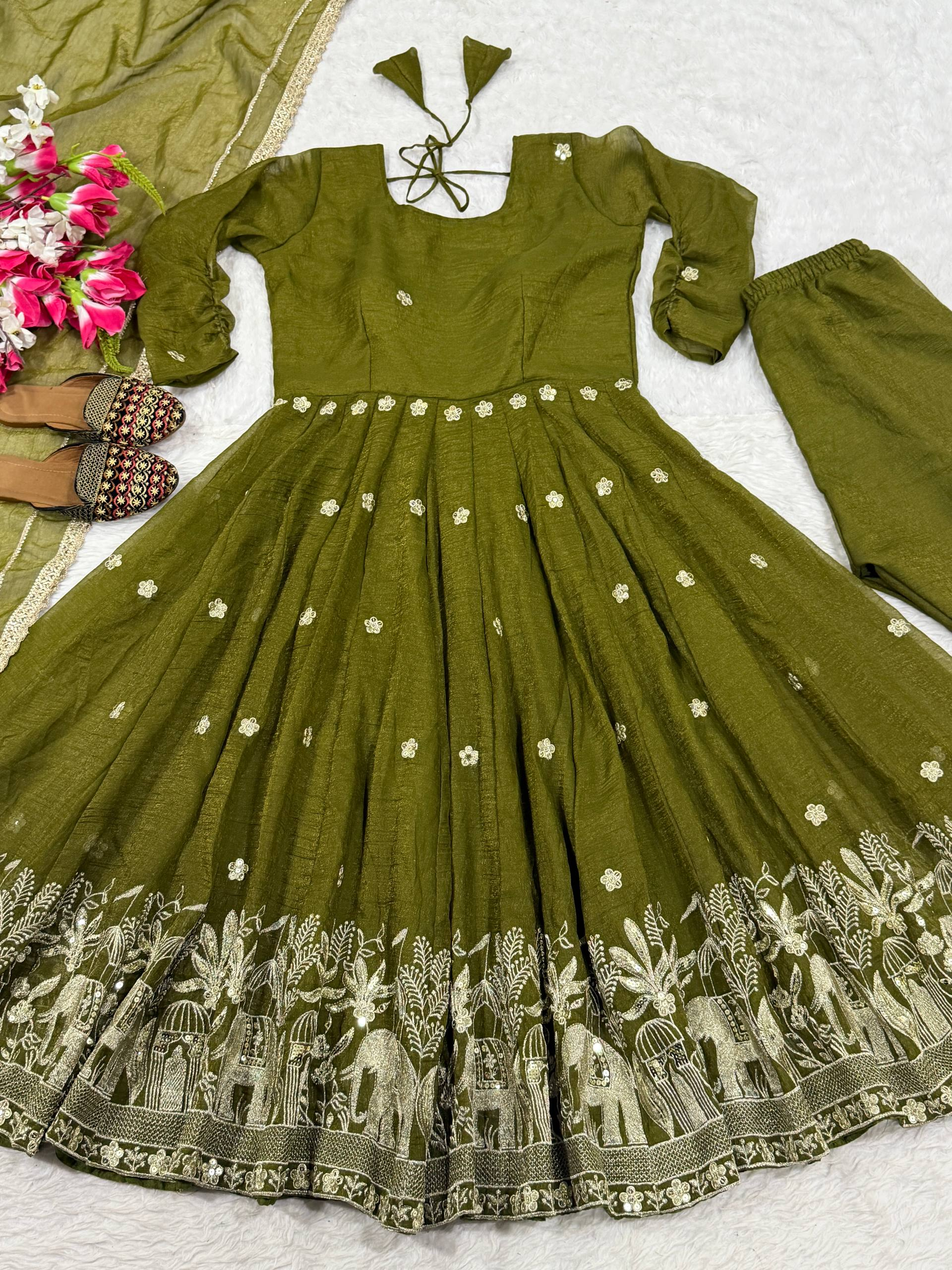 Olive Green Elephant Motif Anarkali Suit with Dupatta - Product Photo