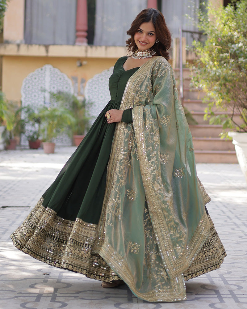 Beautiful mehndi color shimmer gown with embroidered dupatta
