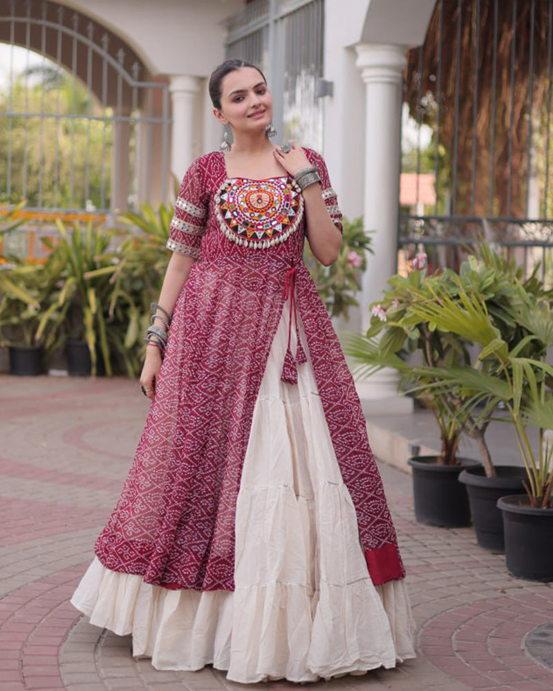 Maroon Color Bandhani Printed Kurti With Kora Cotton Lehenga