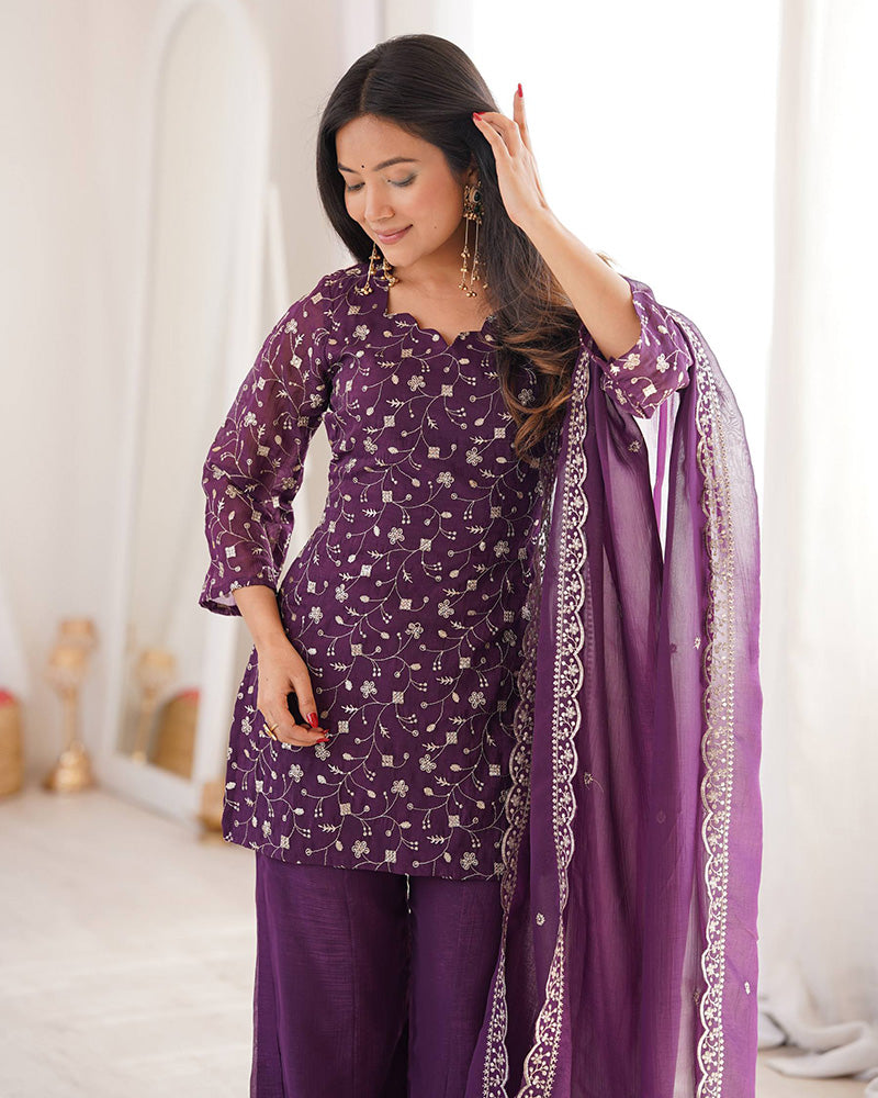 Dusty Mauve Color Crunchy Silk Embroidered Plazzo Suit