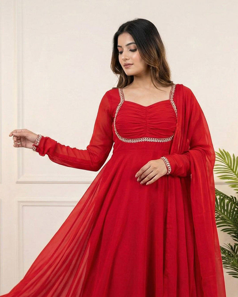 Rusty Red Color Pure Blooming Georgette Anarkali Suit