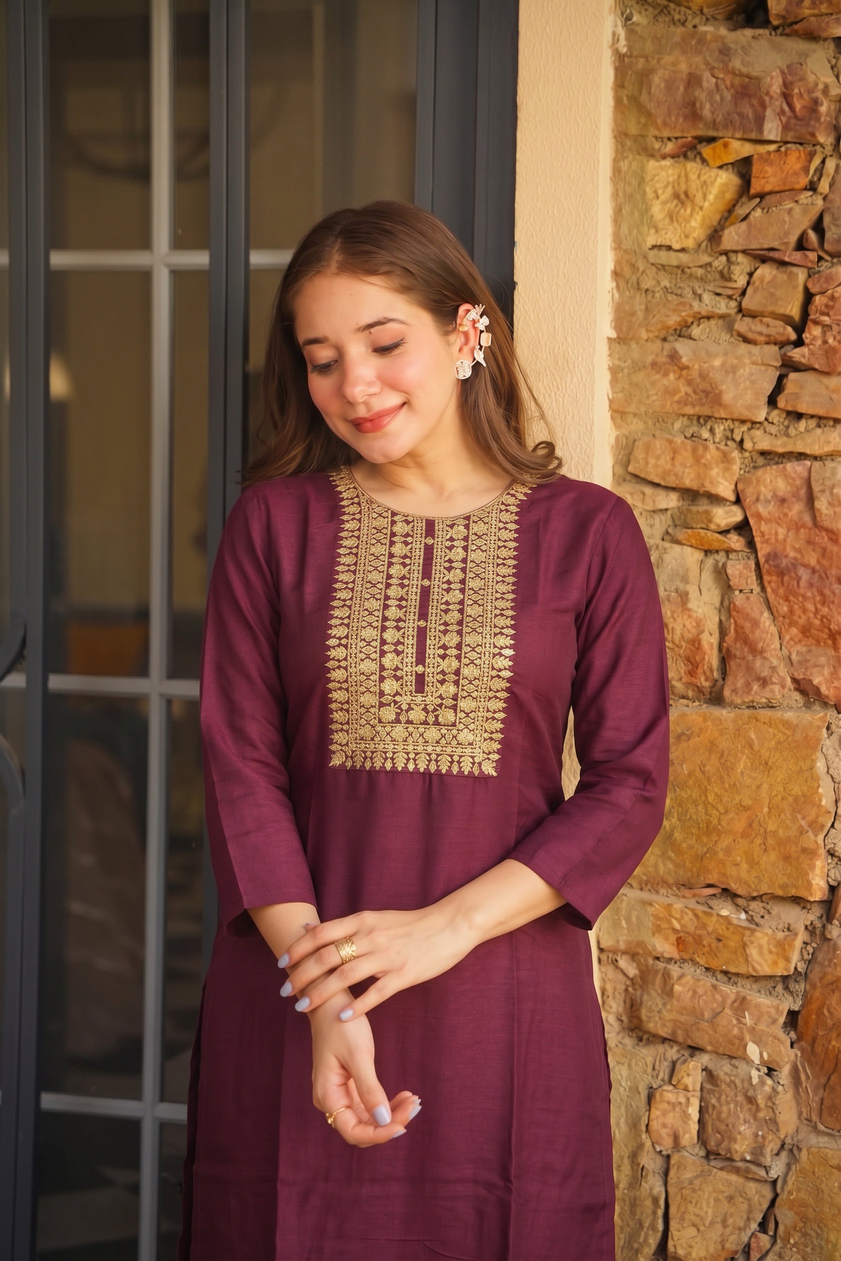 Wine Straight Kurta Set with Gold Embroidered Yoke