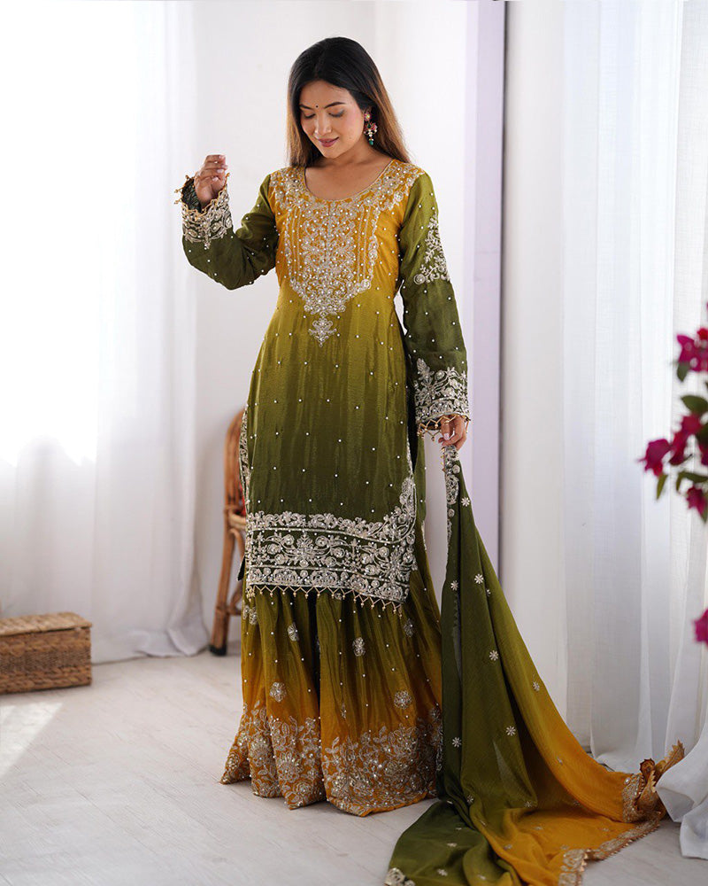 Mehndi color chinnon sequence work plazzo suit