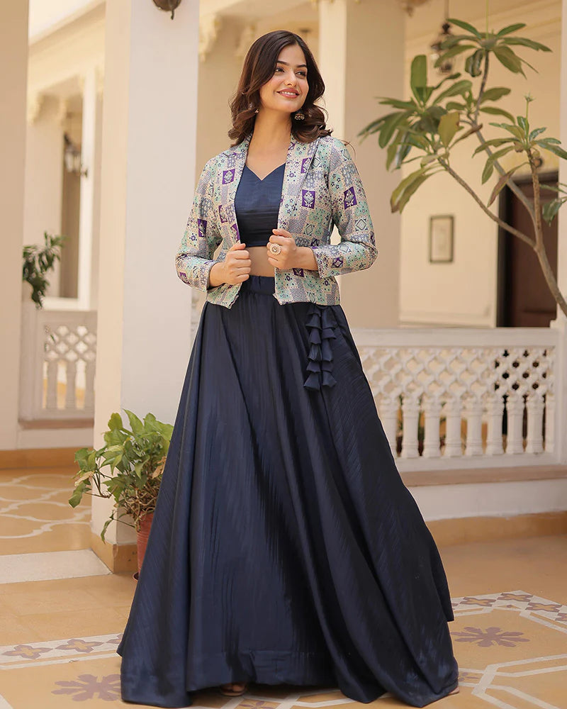 NAVY BLUE COLOR PURE CHINNON LEHENGA CHOLI