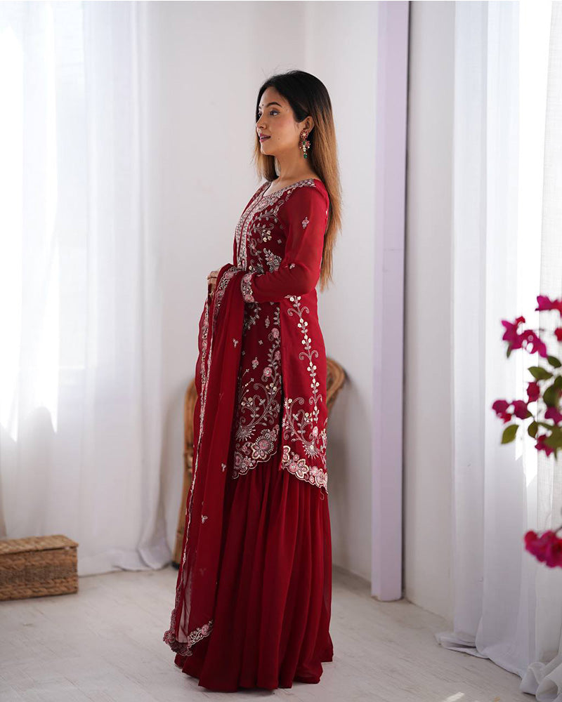 Maroon color faux georgette sharara suit