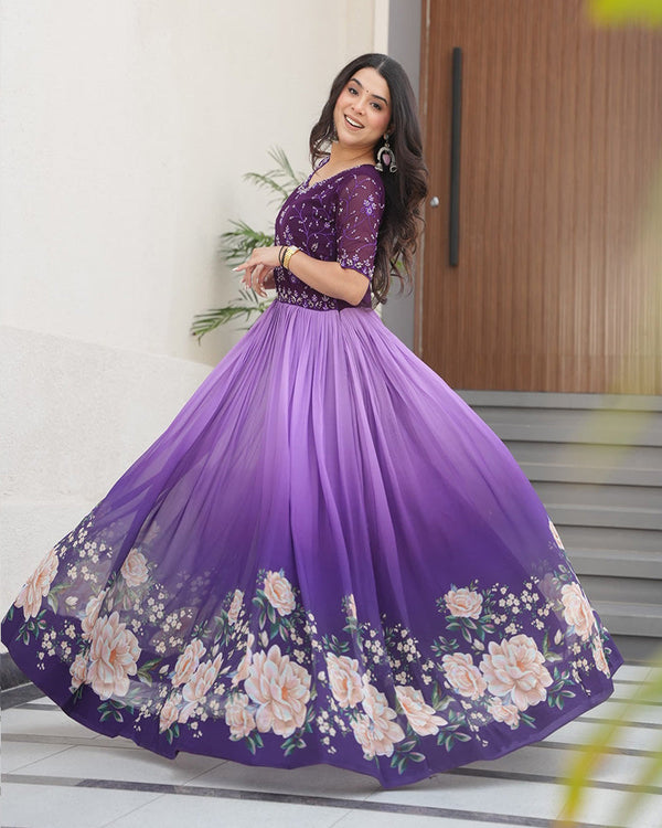 Purple color faux blooming embroidered work gown