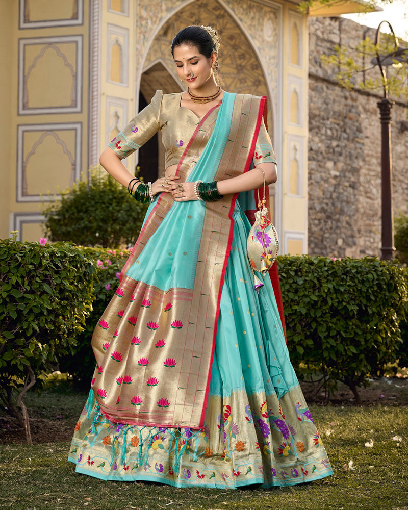 Designer Sky Blue Color Jacquard Paithani Silk Lehenga Choli