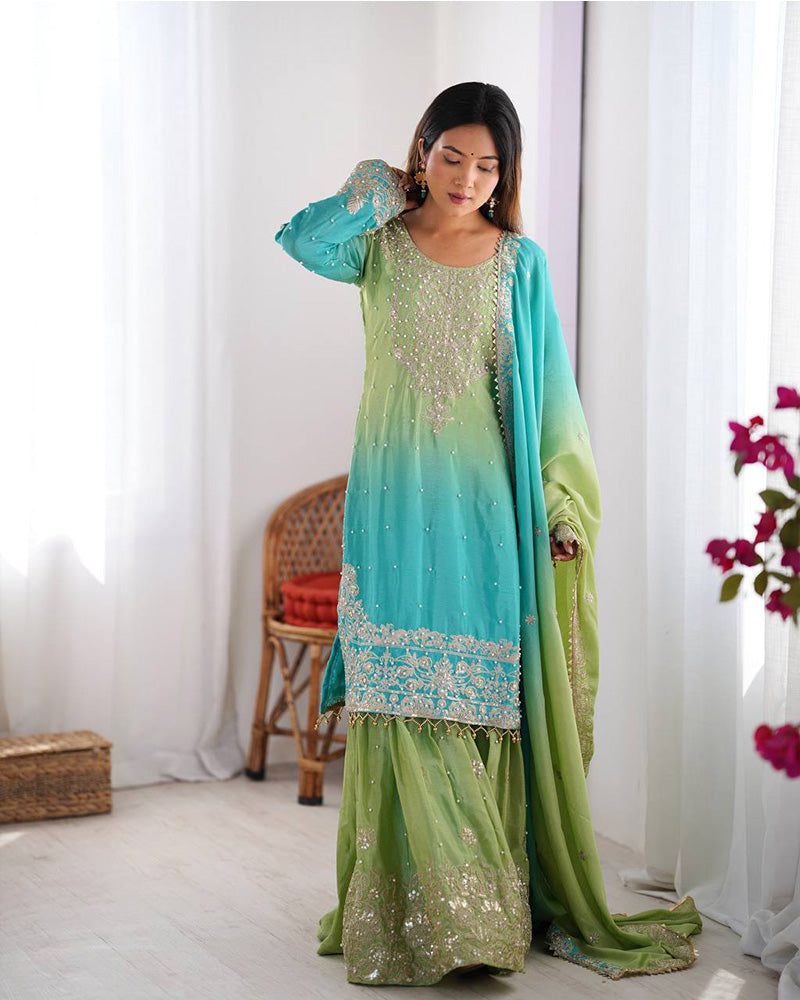 Pista green color chinnon sequence work plazzo suit