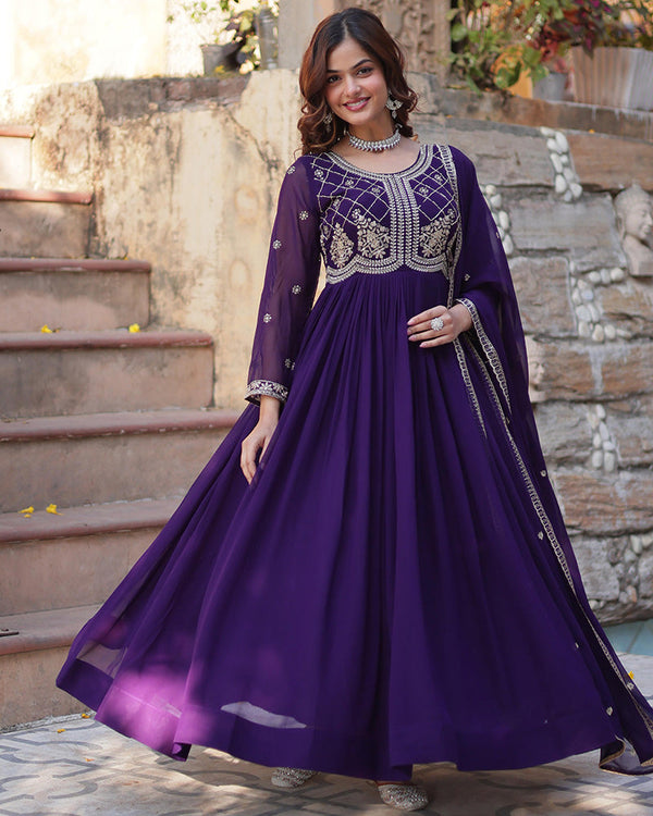 Purple color faux blooming embroidered gown with dupatta