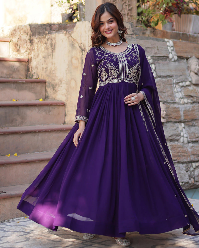 Purple color faux blooming embroidered gown with dupatta