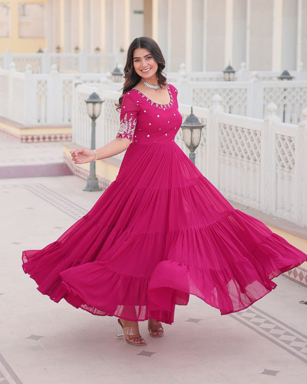 Pink Color Four Layer Georgette Embroidered Gown