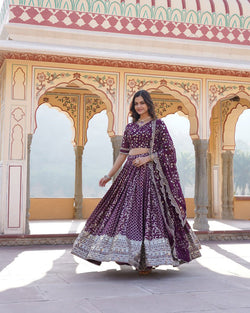 Design Wine Color Sequence Embroidered Jacquard Lehenga Choli