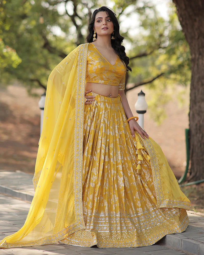 YELLOW COLOR PURE VISCOSE JACQUARD LEHENGA CHOLI