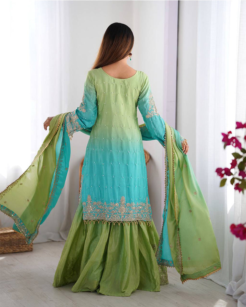 Pista green color chinnon sequence work plazzo suit