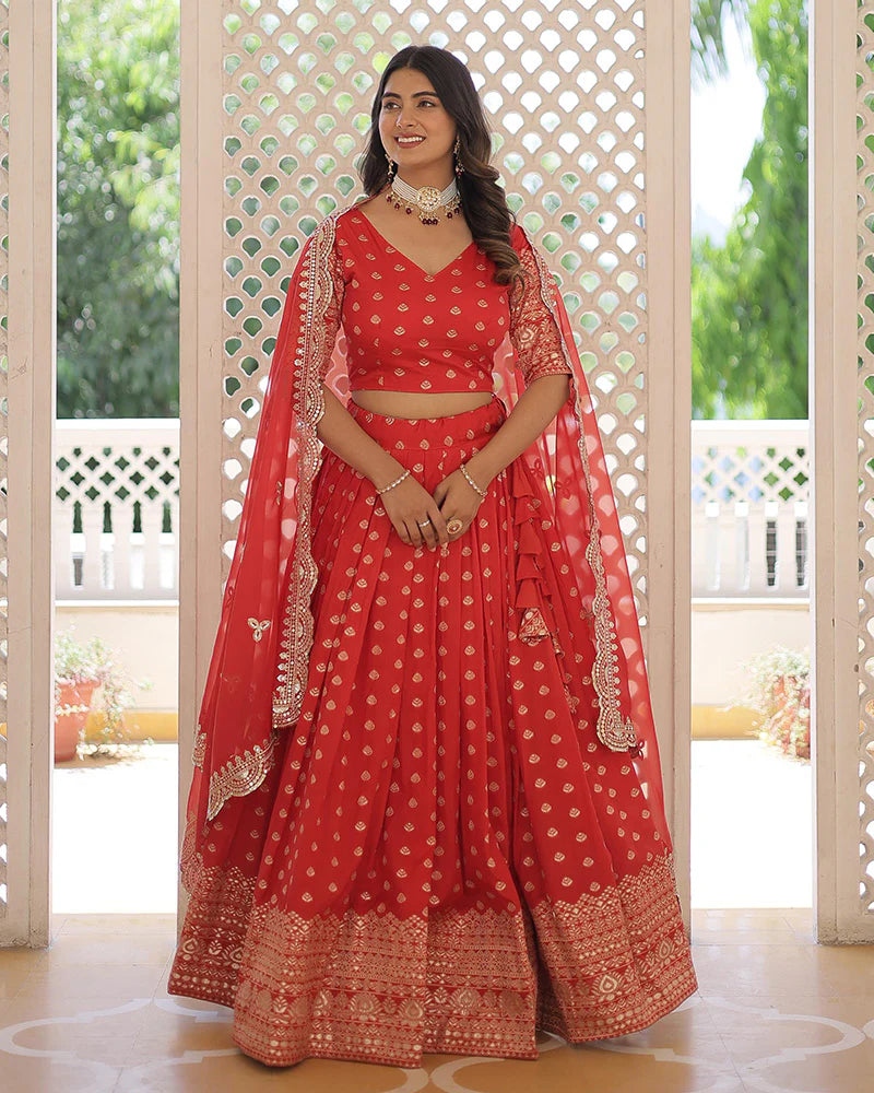 RED COLOR PURE DYABLE JACQUARD LEHENGA CHOLI