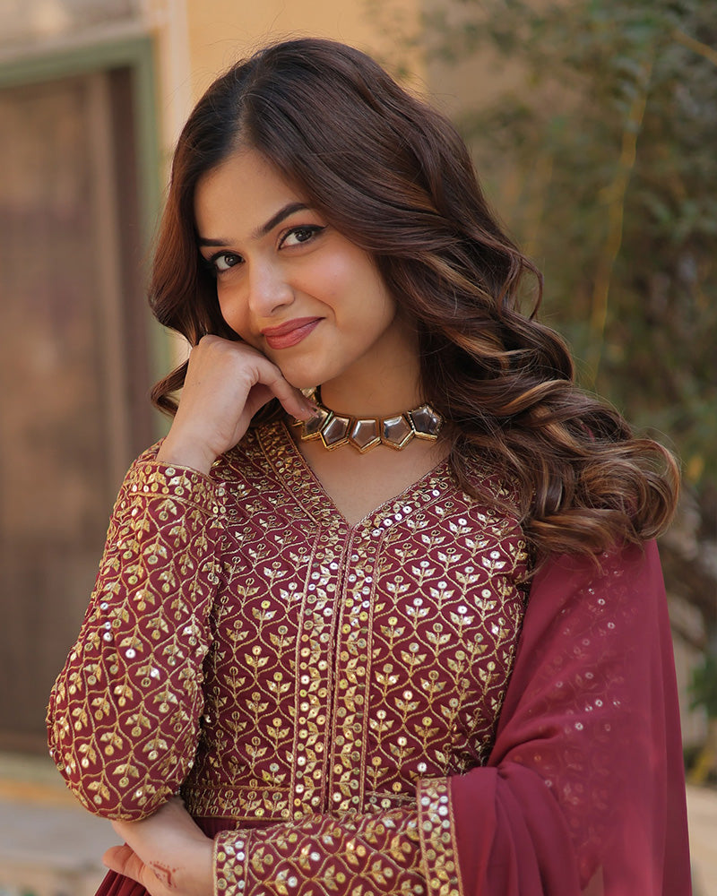 Designer brown color three piece sharara suit