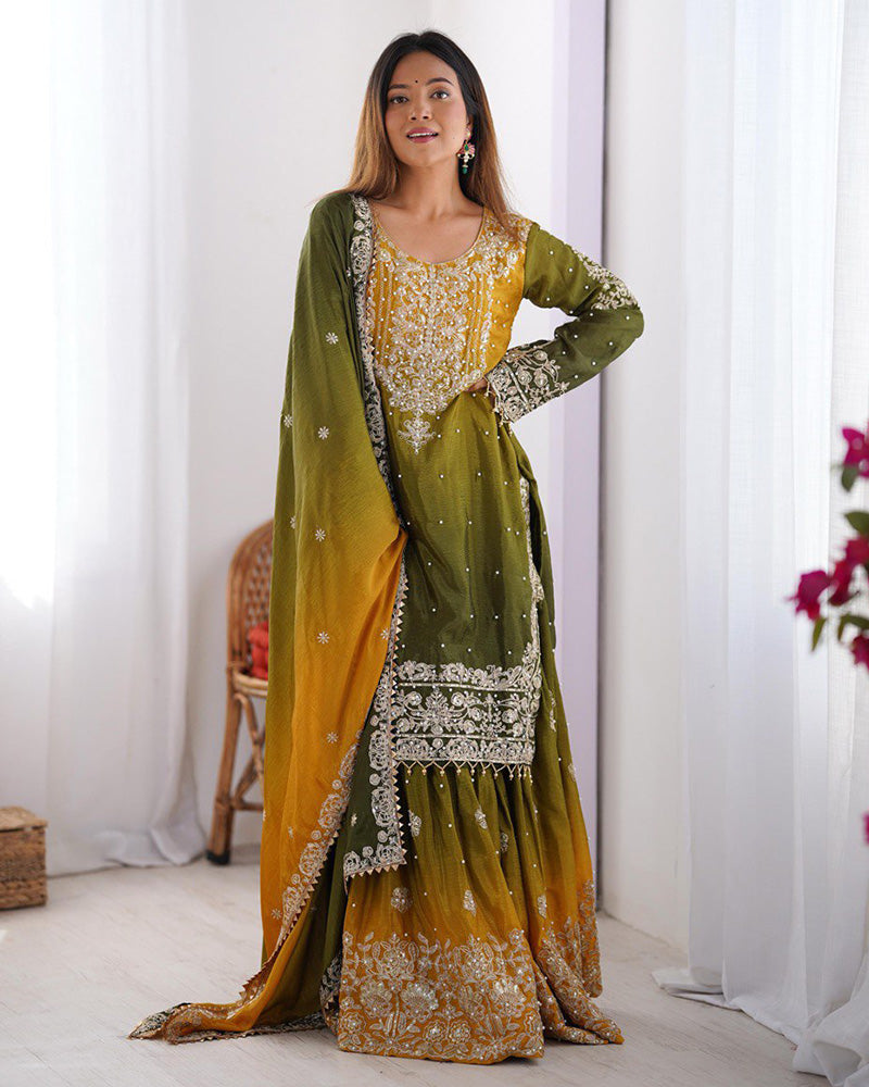 Mehndi color chinnon sequence work plazzo suit