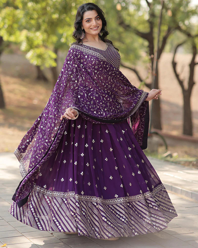 Wedding Wear Dark Purple Color Blooming Lehenga Choli